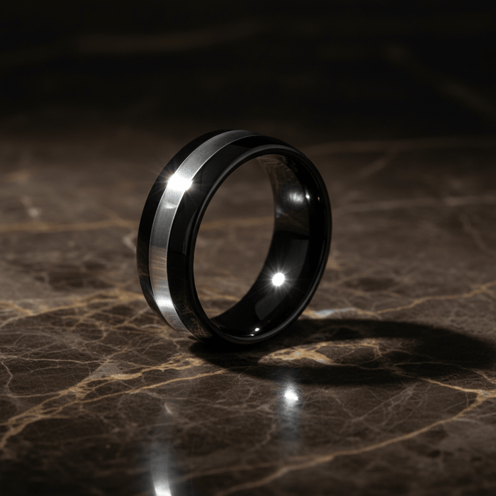 IRONCLAD — detail view — men's tungsten carbide wedding ring | Aydins Jewelry