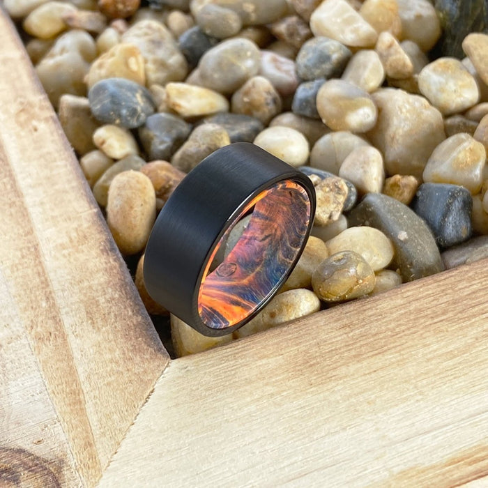 JACK | Blue & Yellow/Orange Wood, Black Flat Brushed Tungsten - Rings - Aydins Jewelry - 5