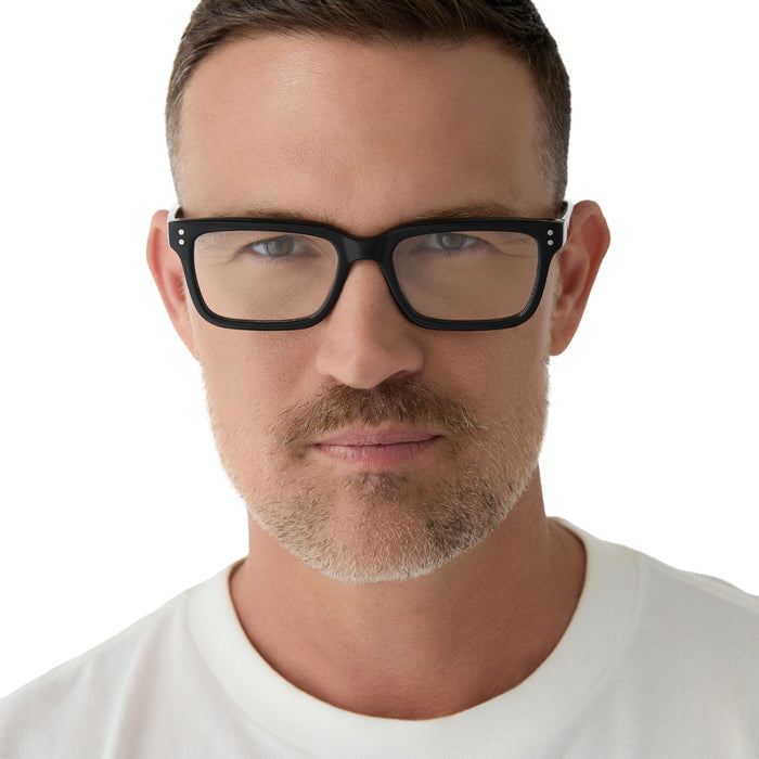 on model - male wearing diff eyewear yellowstone john dutton rectangular prescription glasses black frame front view