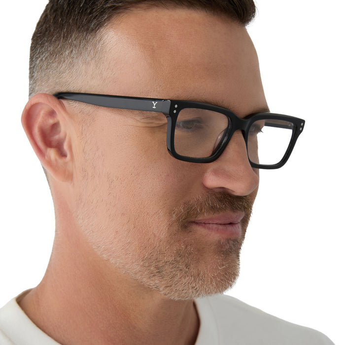 on model - male wearing diff eyewear yellowstone john dutton rectangular prescription glasses black frame angled view
