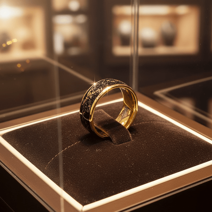 JOVIAN — Premium boutique display on velvet — men's tungsten wedding ring.