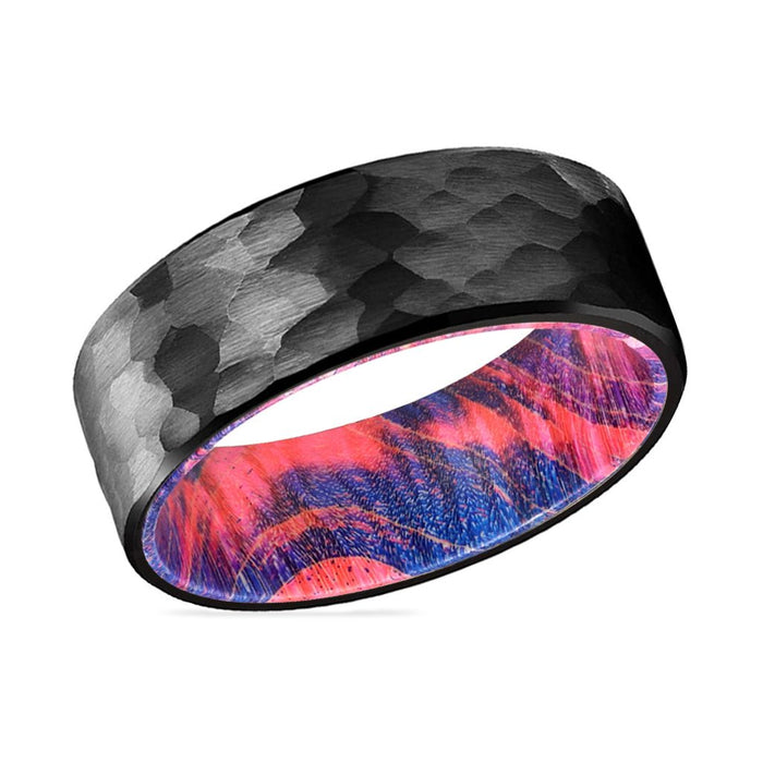 JUMBLE | Blue and Red Wood, Black Tungsten Ring, Hammered, Flat - Rings - Aydins Jewelry - 2