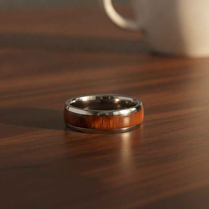 KAMEHA silver tungsten domed wedding band with koa wood inlay running around the band and polished finish resting on a walnut wood counter, lifestyle scene