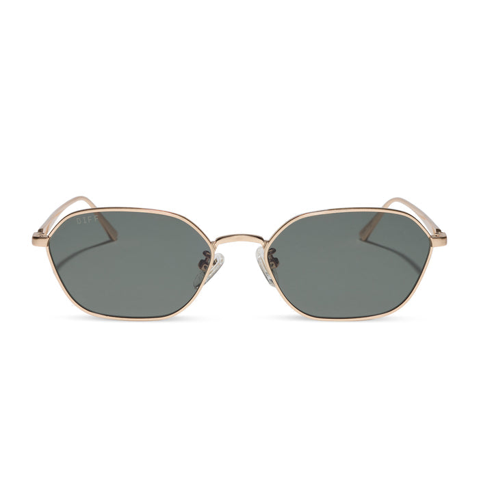 caitlin covington x diff eyewear featuring the kennedy square sunglasses with a brushed gold metal frame and g15 lenses front view