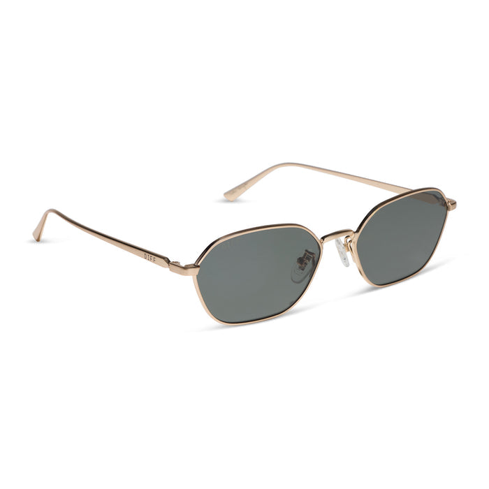 caitlin covington x diff eyewear featuring the kennedy square sunglasses with a brushed gold metal frame and g15 lenses angled view