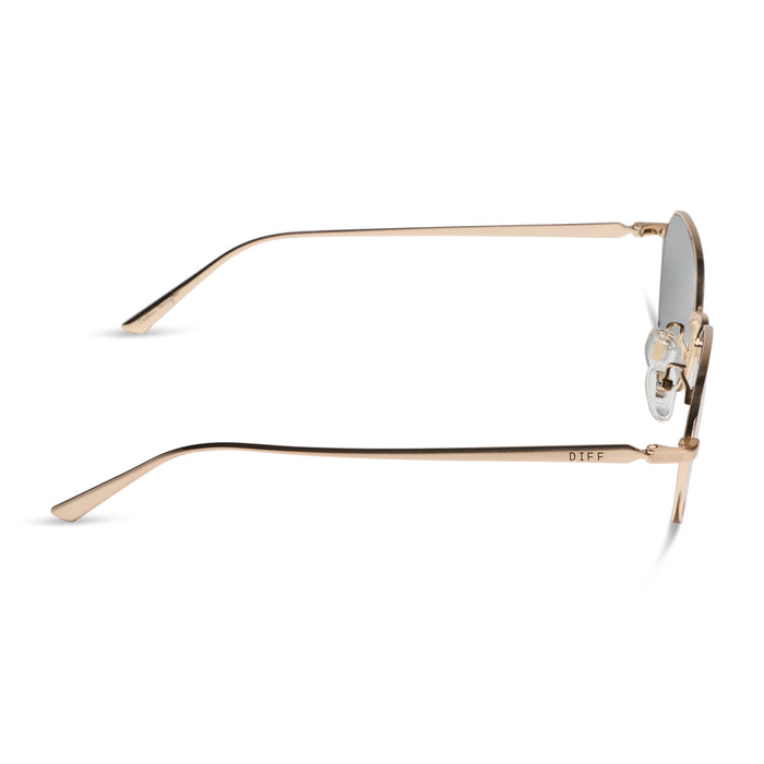 caitlin covington x diff eyewear featuring the kennedy square sunglasses with a brushed gold metal frame and g15 lenses side view
