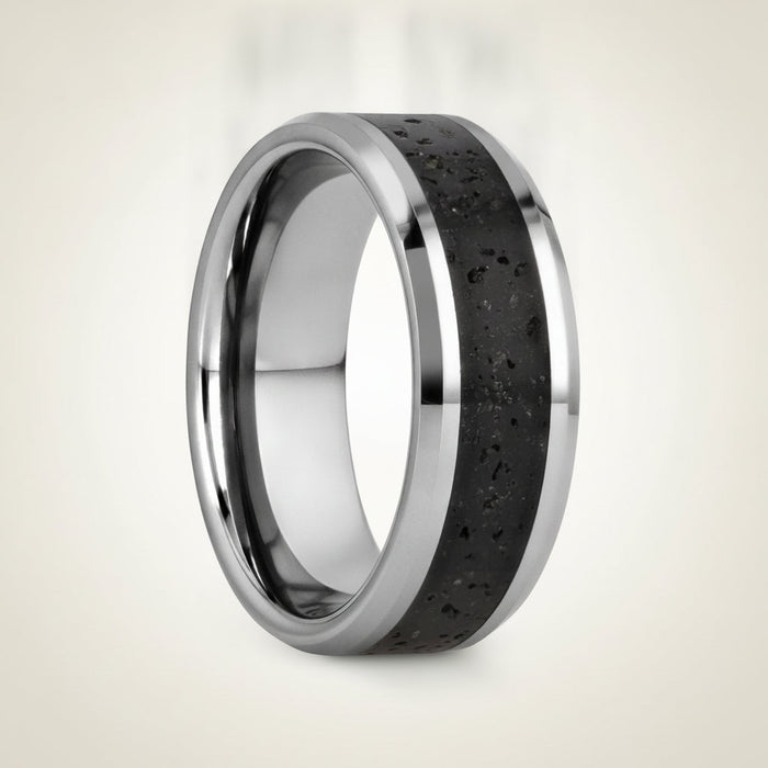 KILAUEA polished silver tungsten wedding band with black and gray lava rock stone inlay running around the band and polished beveled edges, studio hero shot