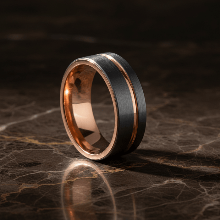 KORAI — Luxury 3/4 angle on dark marble — men's tungsten wedding ring.