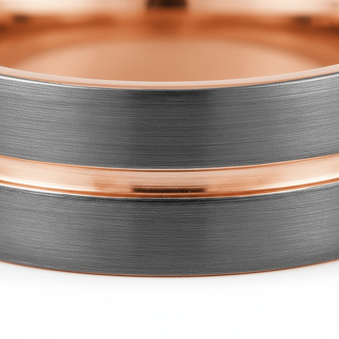 KORAI — Extreme macro detail — men's tungsten wedding ring.