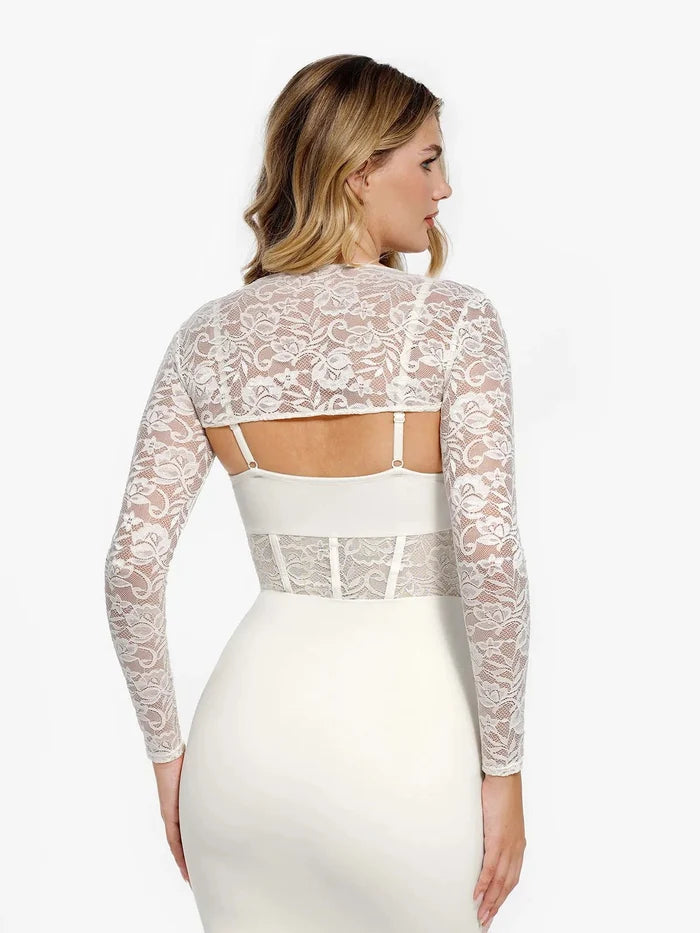 Floral lace shrug over a white dress by Popilush®, stylish fashion.