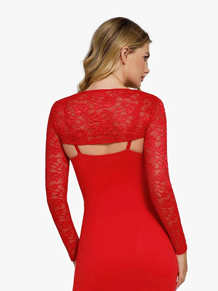 Red long sleeve lace shrug with intricate floral pattern, back view.