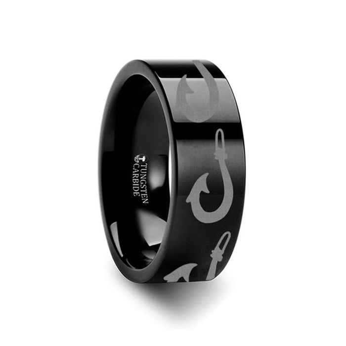 Large Polynesian Fishing Hook Laser Engraved Flat  Tungsten Carbide men's wedding band, image 2