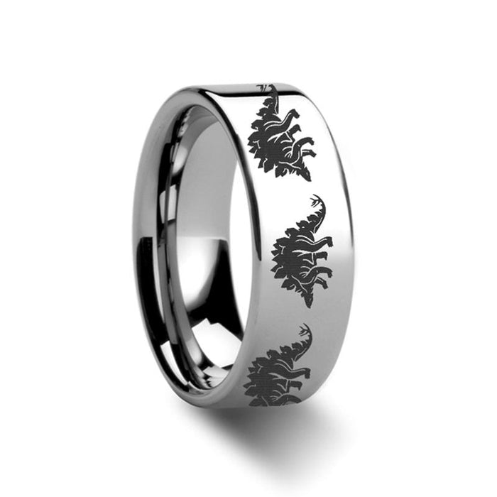 Laser Engraved Dinosaur Stegasaurus Print Flat Tun Tungsten Carbide men's wedding band, image 1