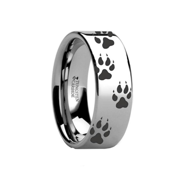 Laser Engraved Wolf Track Print Animal Design Flat Tungsten Carbide men's wedding band, image 1