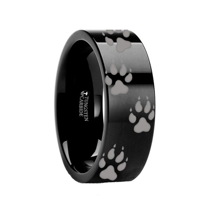Laser Engraved Wolf Track Print Animal Design Flat Tungsten Carbide men's wedding band, image 2