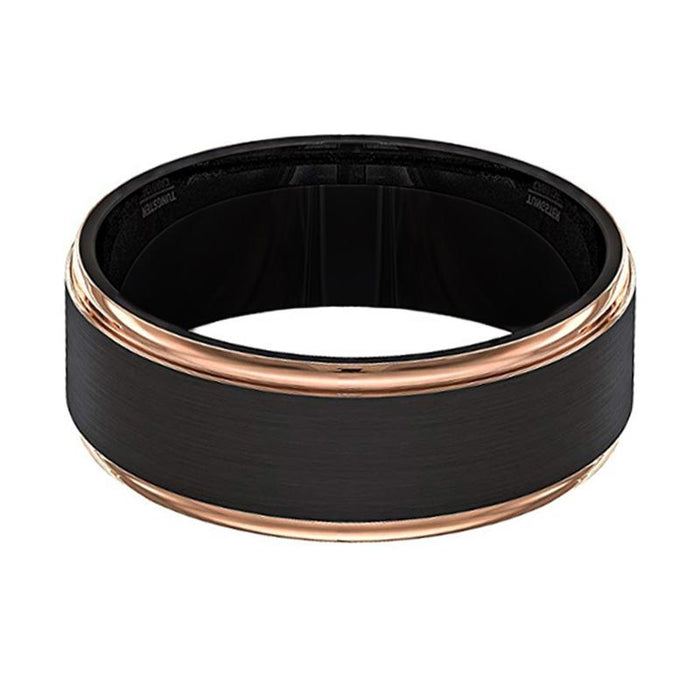 LEONARDO Rose Gold Stepped Edge Black Tungsten Ring - Rings - Aydins_Jewelry