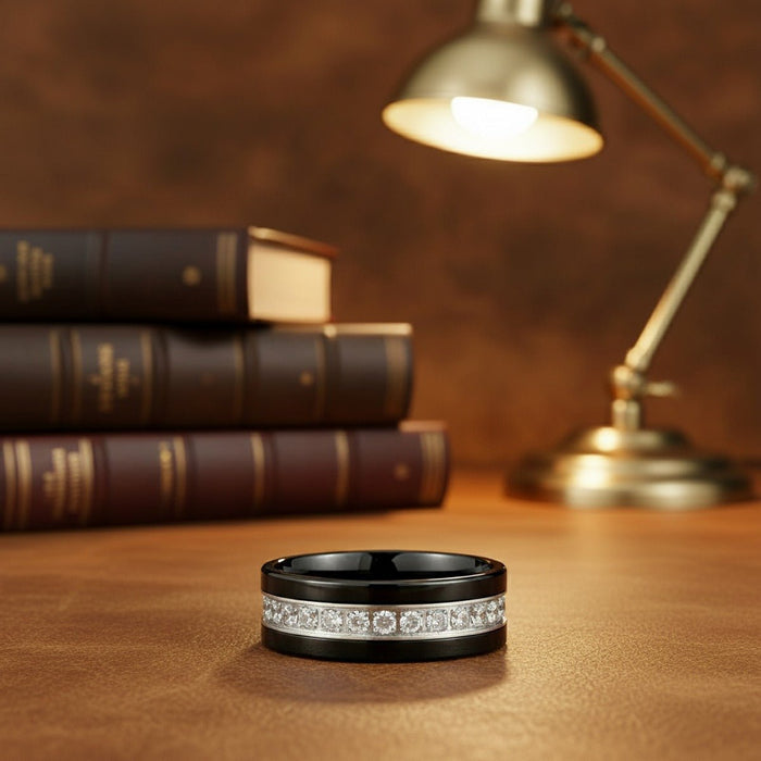 LEPORIS | Black Tungsten Ring, Diamond Stimulant CZ Eternity, Flat lifestyle photography