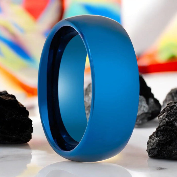 LIGHTNING polished blue tungsten wedding band side view