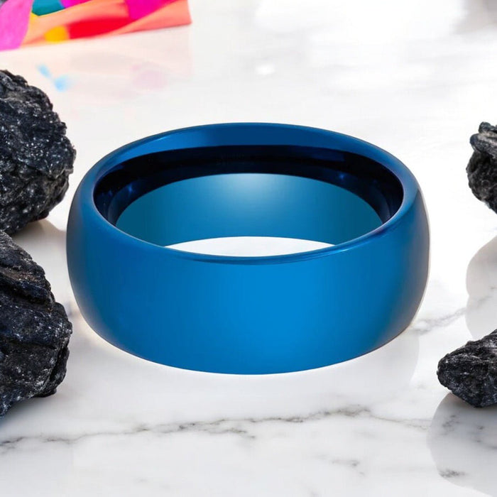 8 mm blue tungsten ring on white background
