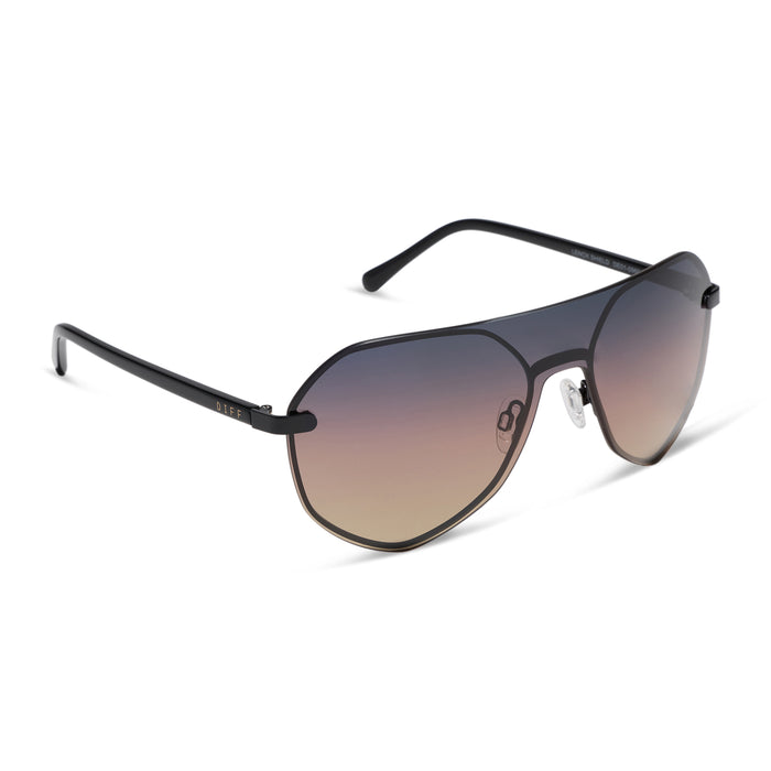 diff eyewear lonnie oversized aviator sunglasses with a black metal frame and twilight gradient polarized lenses angled view