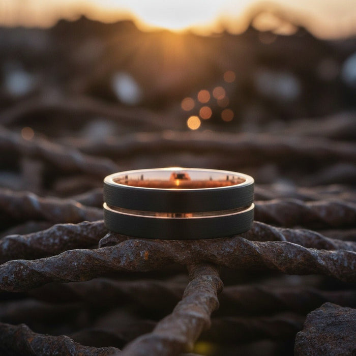 Aydins LUMINOUS | Rose Gold Ring, Black Tungsten Ring, Rose Gold Offset Groove, Brushed, Flat lifestyle scene, junkyard steel