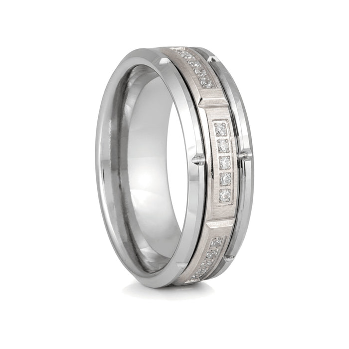 LUMORA silver tungsten ring with sectional white CZ accents and beveled edges - front view