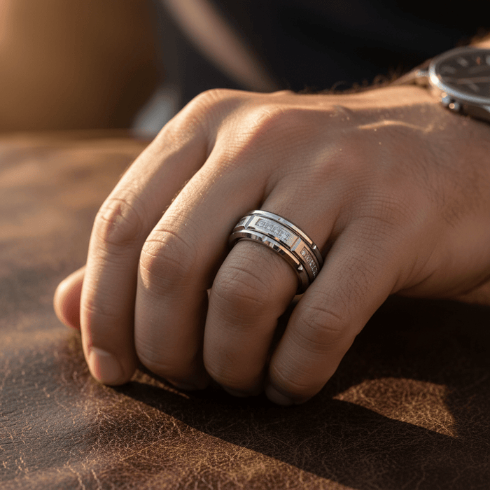 LUMORA — Lifestyle photo on hand — men's tungsten wedding ring.