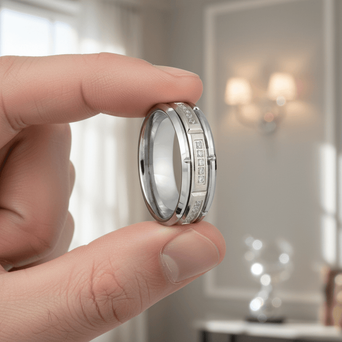 LUMORA — Held between fingers close-up — men's tungsten wedding ring.