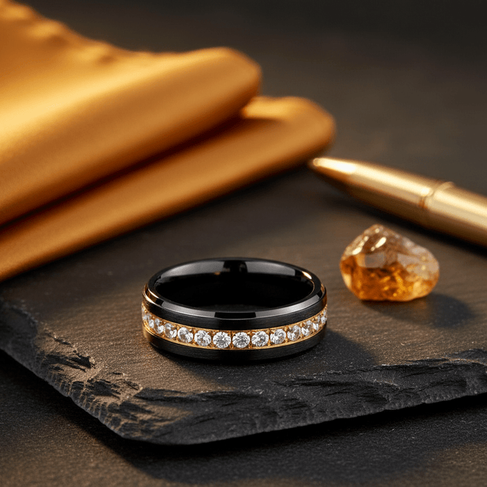 LUSTRE — Editorial masculine still life — men's tungsten wedding ring.