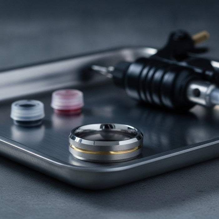 Aydins MAESTRO | Silver Tungsten Ring, Gold Groove, Beveled lifestyle scene, tattoo studio