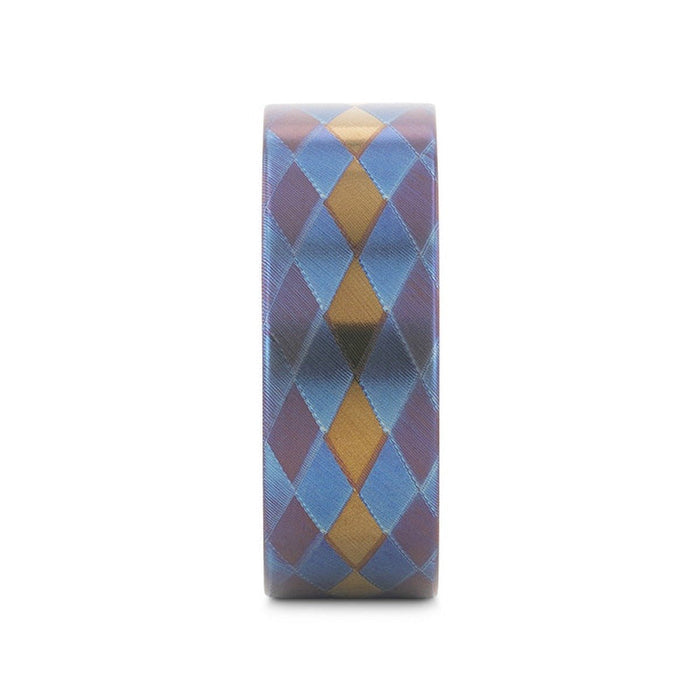 MAJESTIC flat titanium ring with anodized purple, blue, and gold diamond pattern, front view
