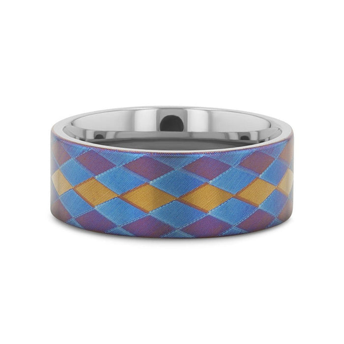 MAJESTIC flat titanium ring with anodized purple, blue, and gold diamond pattern, top-down view