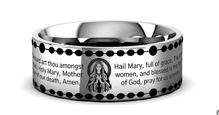 MARIAN Silver tungsten Christian wedding ring — angle 2