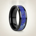MARLOW polished black ceramic wedding band with blue lapis stone inlay running around the band and polished beveled edges, studio hero shot