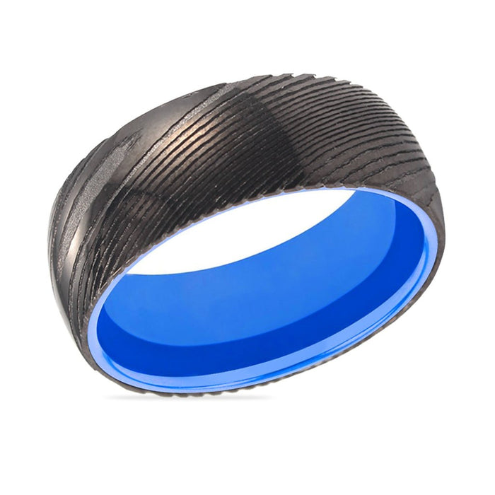 MEGAMIND | Blue Ring, Gunmetal Damascus Steel Ring, Domed - Rings - Aydins Jewelry - 2