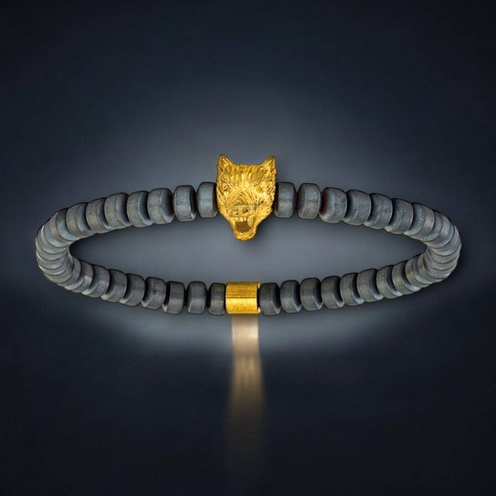 Men's Hematite Beaded Bracelet with Yellow IP-Plated Wolf Head Charm