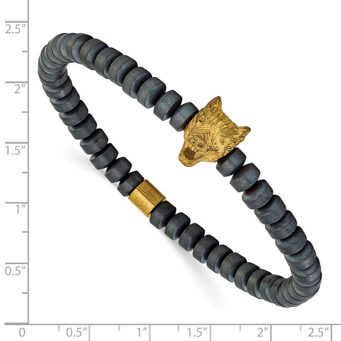 Yellow IP-Plated Wolf Head Beaded Bracelet - Hematite