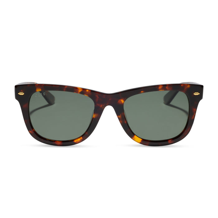 diff eyewear mercer square sunglasses with a rich tortoise acetate frame and g15 polarized lenses front view