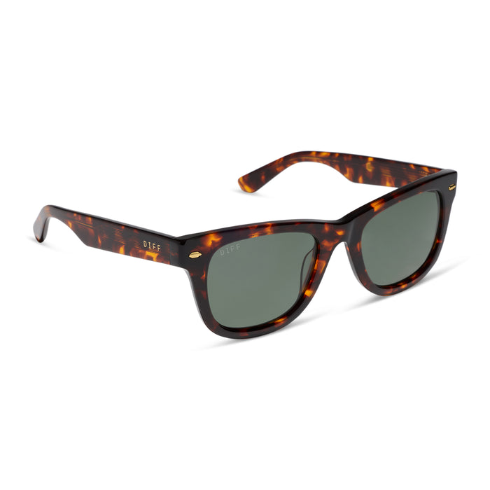 diff eyewear mercer square sunglasses with a rich tortoise acetate frame and g15 polarized lenses angled view