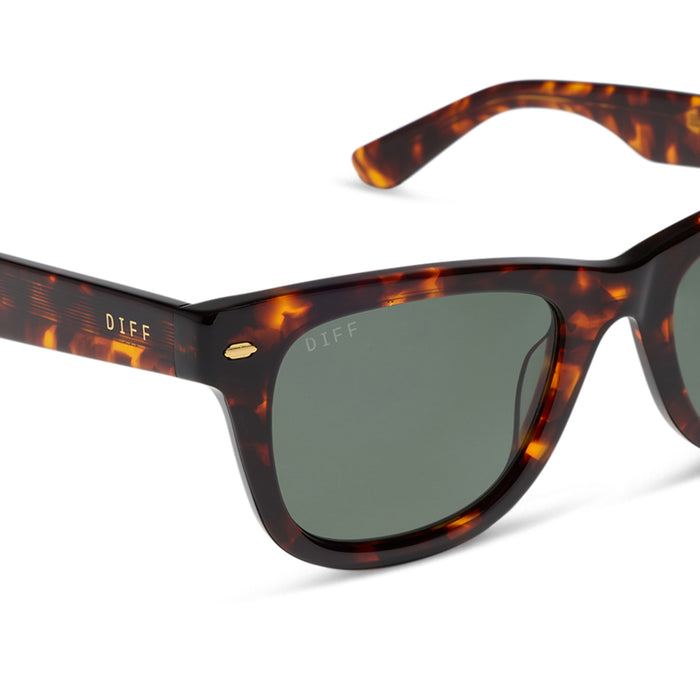 diff eyewear mercer square sunglasses with a rich tortoise acetate frame and g15 polarized lenses detailed view