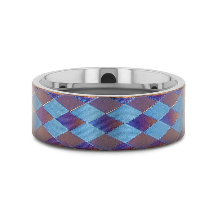 MERIDIAN flat titanium ring with anodized purple and blue diamond pattern, top-down view