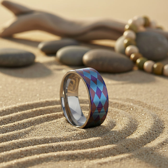 Aydins MERIDIAN | Flat Titanium Ring, Purple and Blue Diamond Pattern lifestyle scene, beach zen