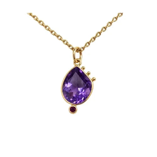 Minimalist 14k Gold Purple Amethyst Pendant • Ruby Accent