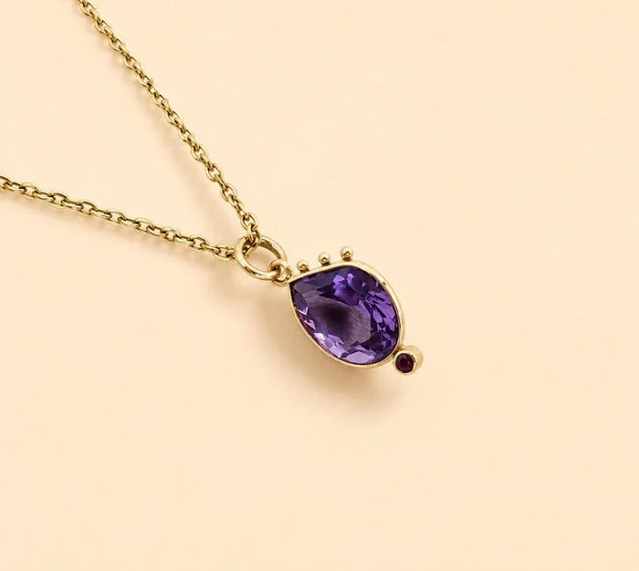 Minimalist 14k Gold Purple Amethyst Pendant • Ruby Accent