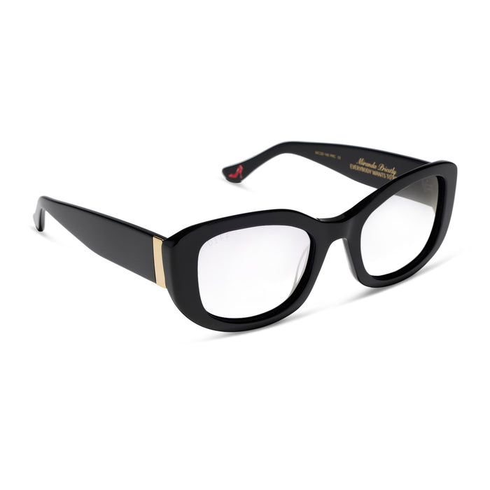 the devil wears prada x diff eyewear featuring the miranda square oversized prescription glasses with a black acetate frame angled view
