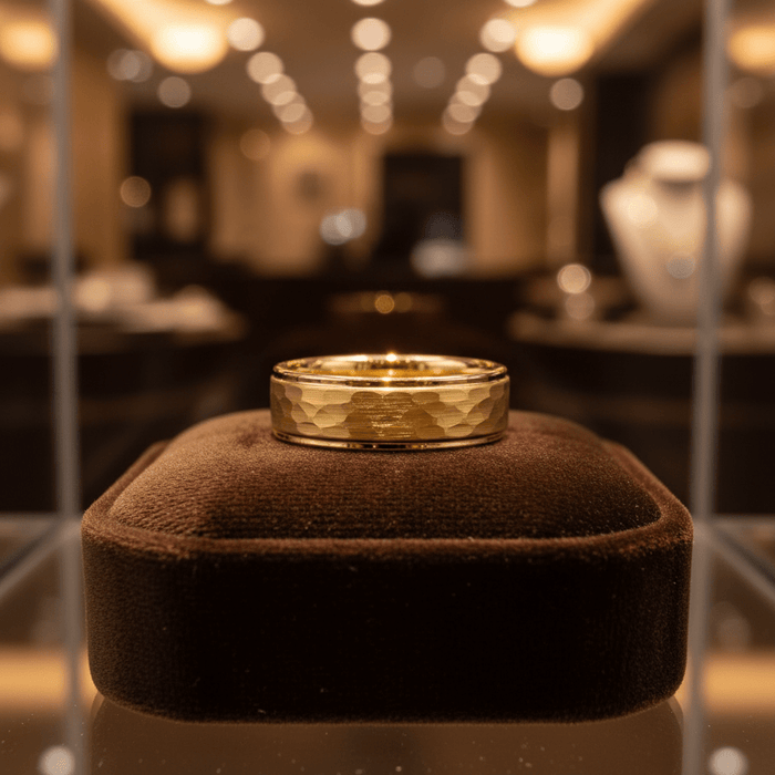 MONARCH — Premium boutique display on velvet — men's tungsten wedding ring.