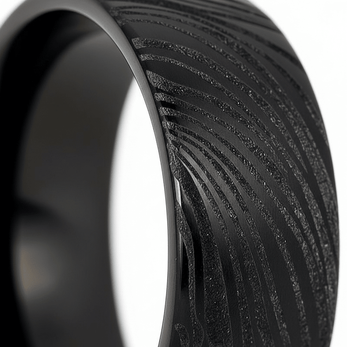 MUKUGLO — close-up detail — men's tungsten carbide wedding ring | Aydins Jewelry