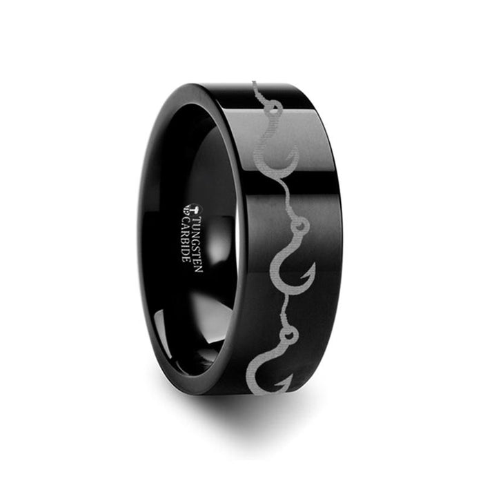 Multiple Fishing Hook Pattern Print Engraved Flat  Tungsten Carbide men's wedding band, image 2