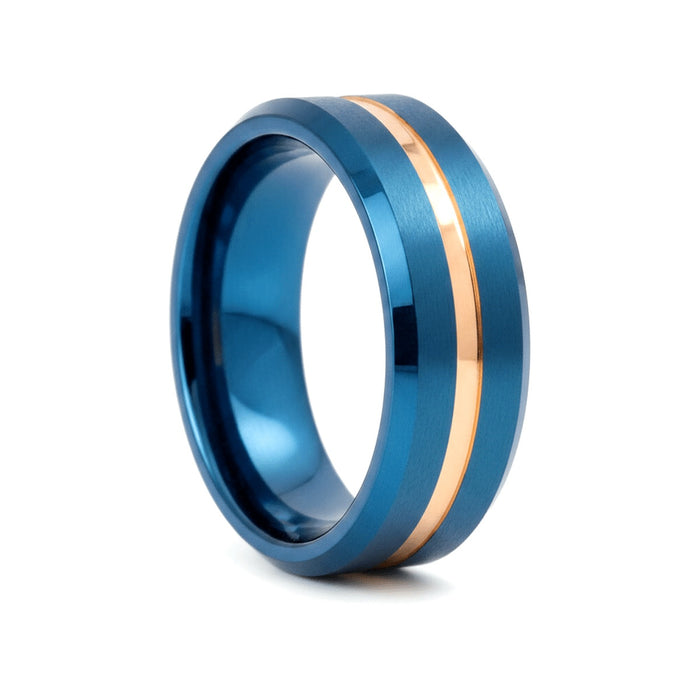 MYSTICRIDGE blue tungsten wedding ring with rose gold groove and beveled edges - front view