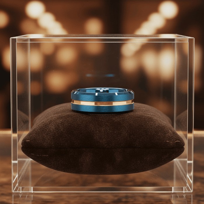 MYSTICRIDGE — Premium boutique display on velvet — men's tungsten wedding ring.